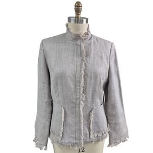 Harve Benard by Benard Holtzman Beige Linen Jacket Eyelash Fringe Trim M/L